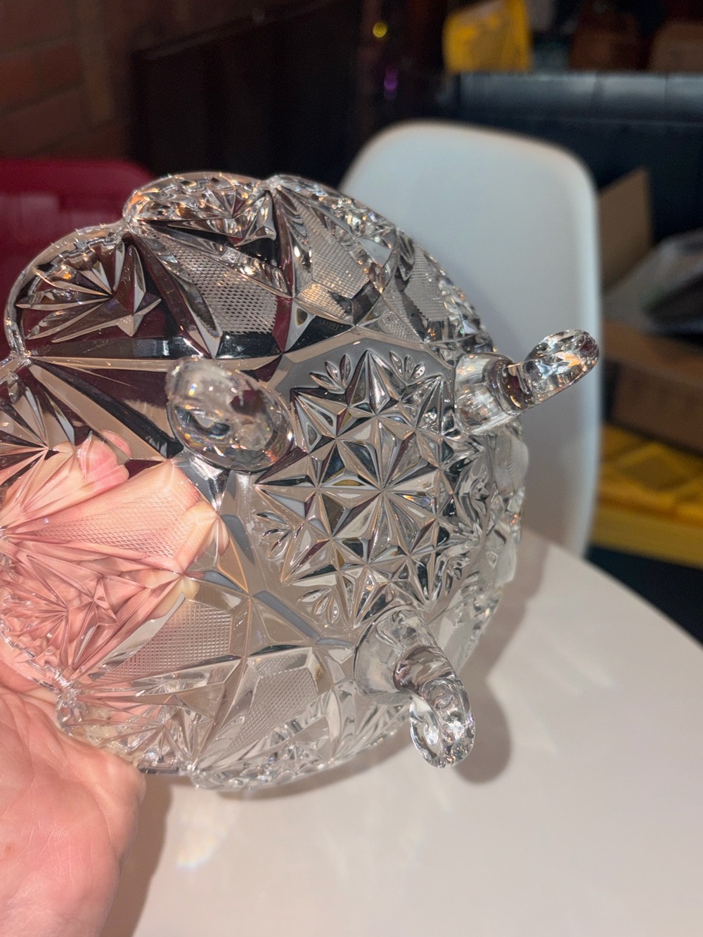 Source Unknown Clear Cut-Glass Decorative Bowl with Starburst Pattern